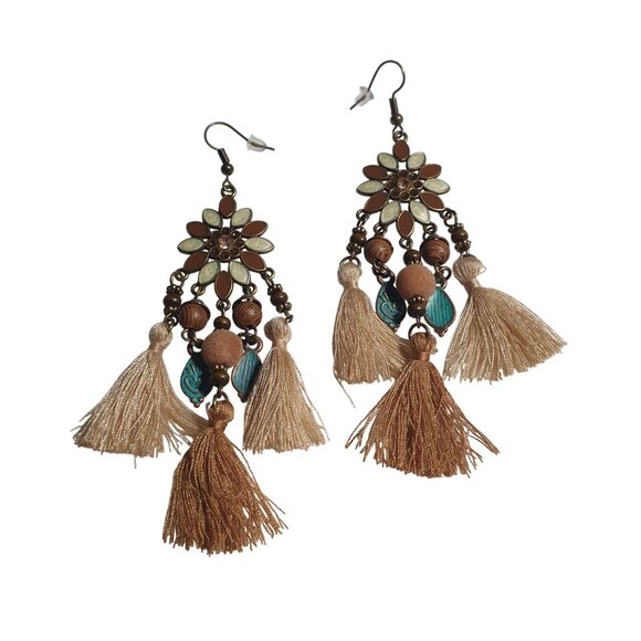 Boho Earrings Tassel Design Flower Beads Multicolor Bronze Hook Lightweight Gift - Picture 1 of 5
